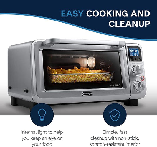 De'Longhi Air Fry Oven, Premium 9-in-1 Digital Air Fry Convection Toaster Oven, Grills, Broils, Bakes, Roasts, Keep Warm, Reheats, 1800-Watts + Cooking Accessories, Stainless Steel, 14L, EO141164M (54932)