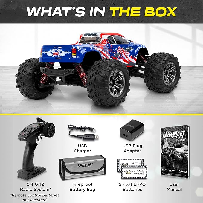 LAEGENDARY Remote Control Car, Hobby Grade RC Car 1:16 Scale Brushed Motor with Two Batteries, 4x4 Off-Road Waterproof RC Truck, Fast RC Cars for Adults, RC Cars, Remote Control Truck