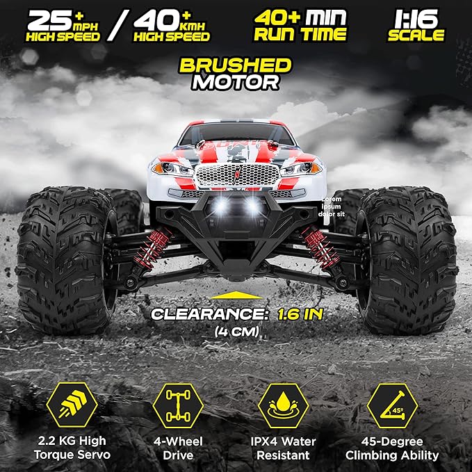 LAEGENDARY Remote Control Car, Hobby Grade RC Car 1:16 Scale Brushed Motor with Two Batteries, 4x4 Off-Road Waterproof RC Truck, Fast RC Cars for Adults, RC Cars, Remote Control Truck